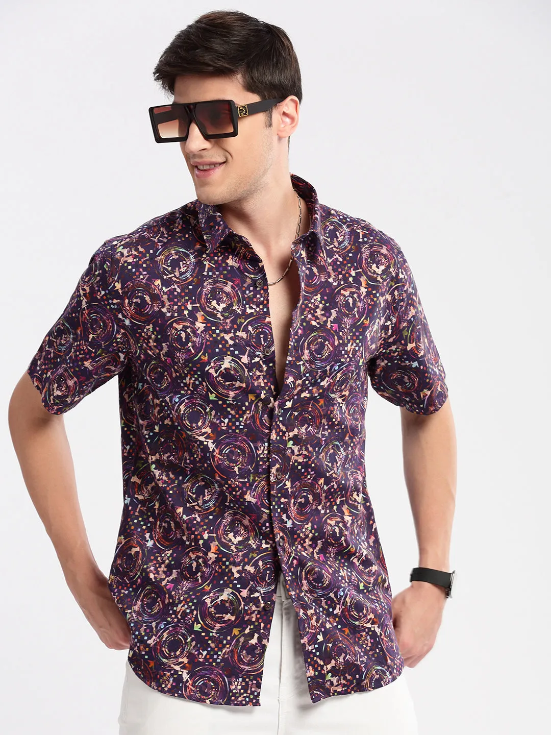 Men Purple Smart Slim Fit Floral Printed Cotton Casual Shirt