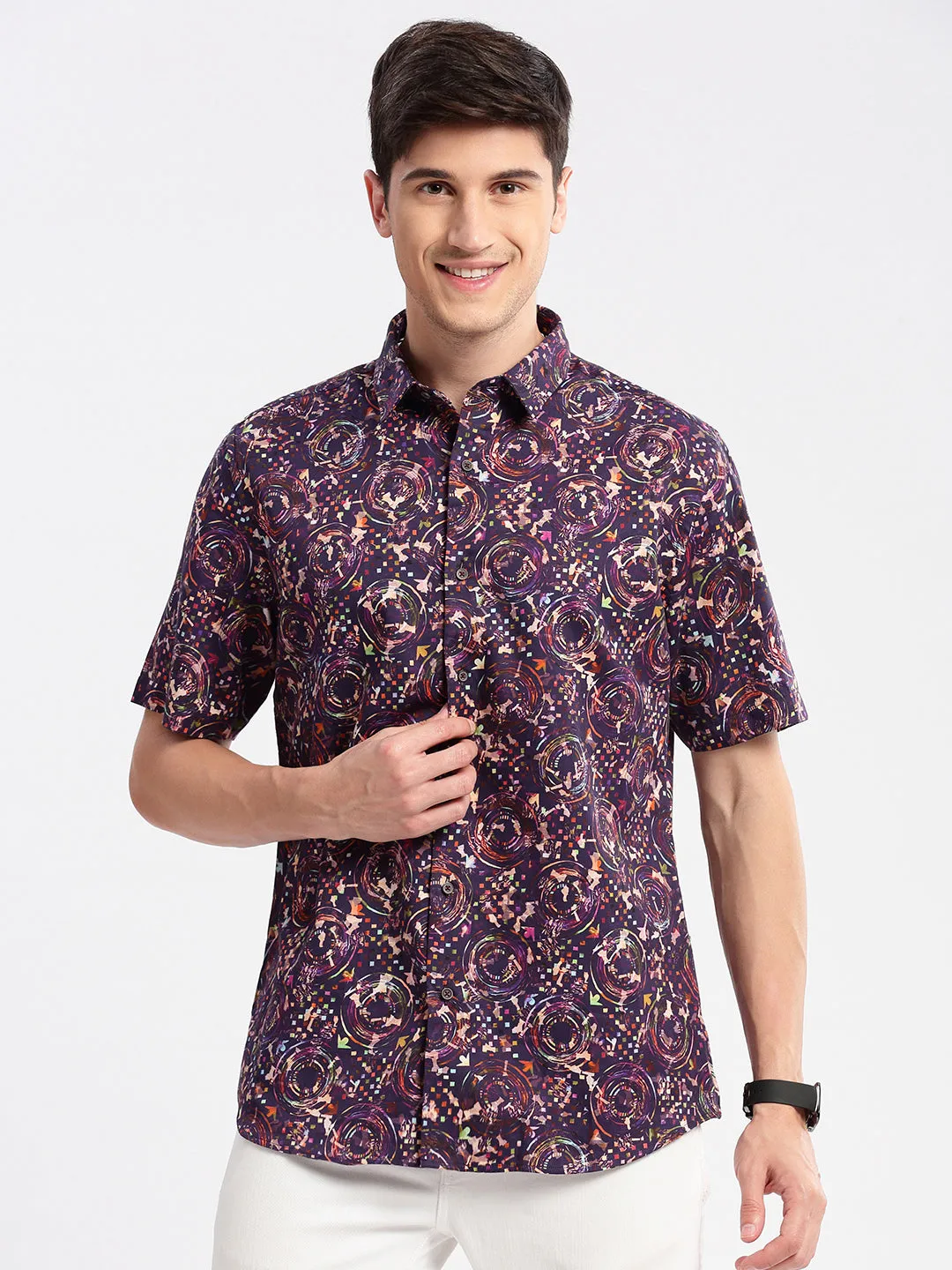 Men Purple Smart Slim Fit Floral Printed Cotton Casual Shirt