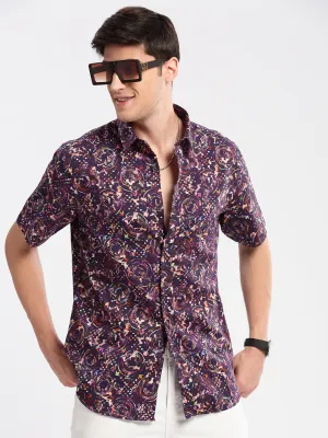 Men Purple Smart Slim Fit Floral Printed Cotton Casual Shirt