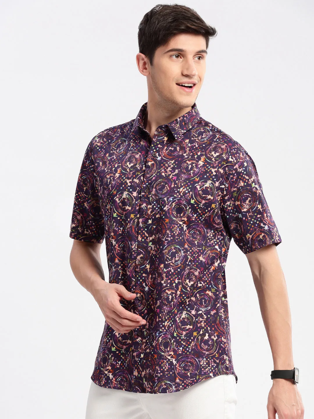 Men Purple Smart Slim Fit Floral Printed Cotton Casual Shirt