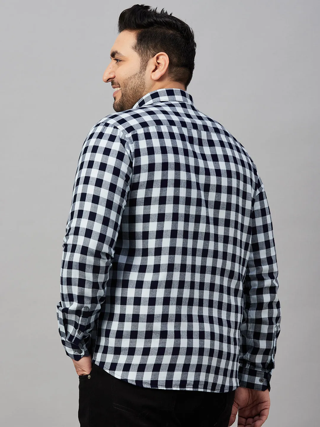 Men Tartan Checks Navy Blue Causal Shirt