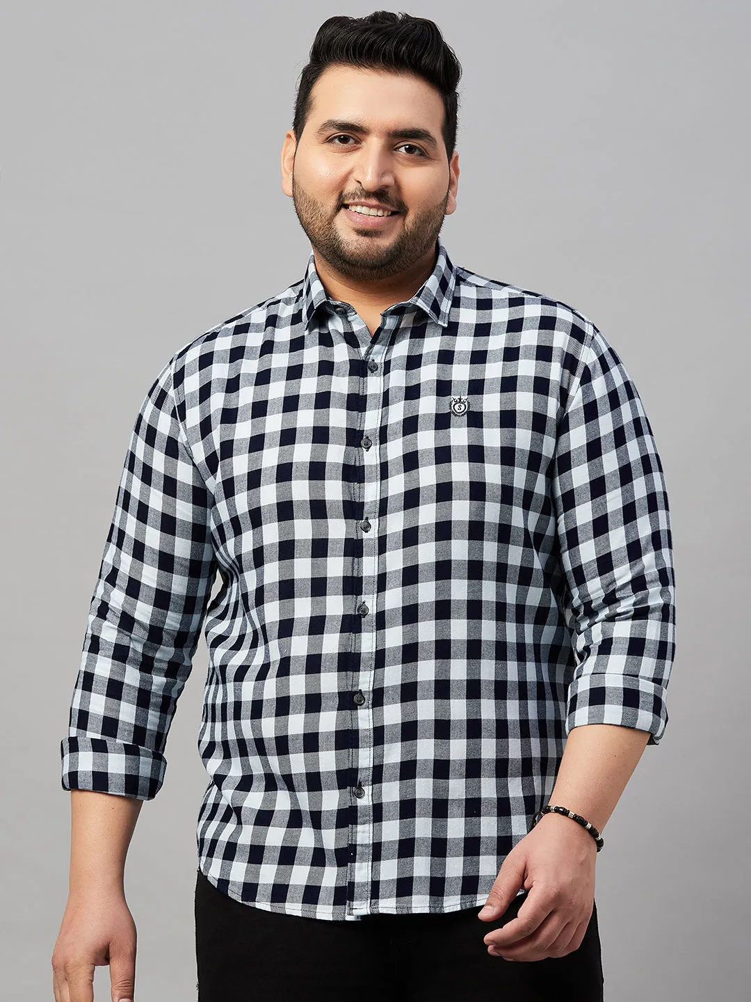 Men Tartan Checks Navy Blue Causal Shirt