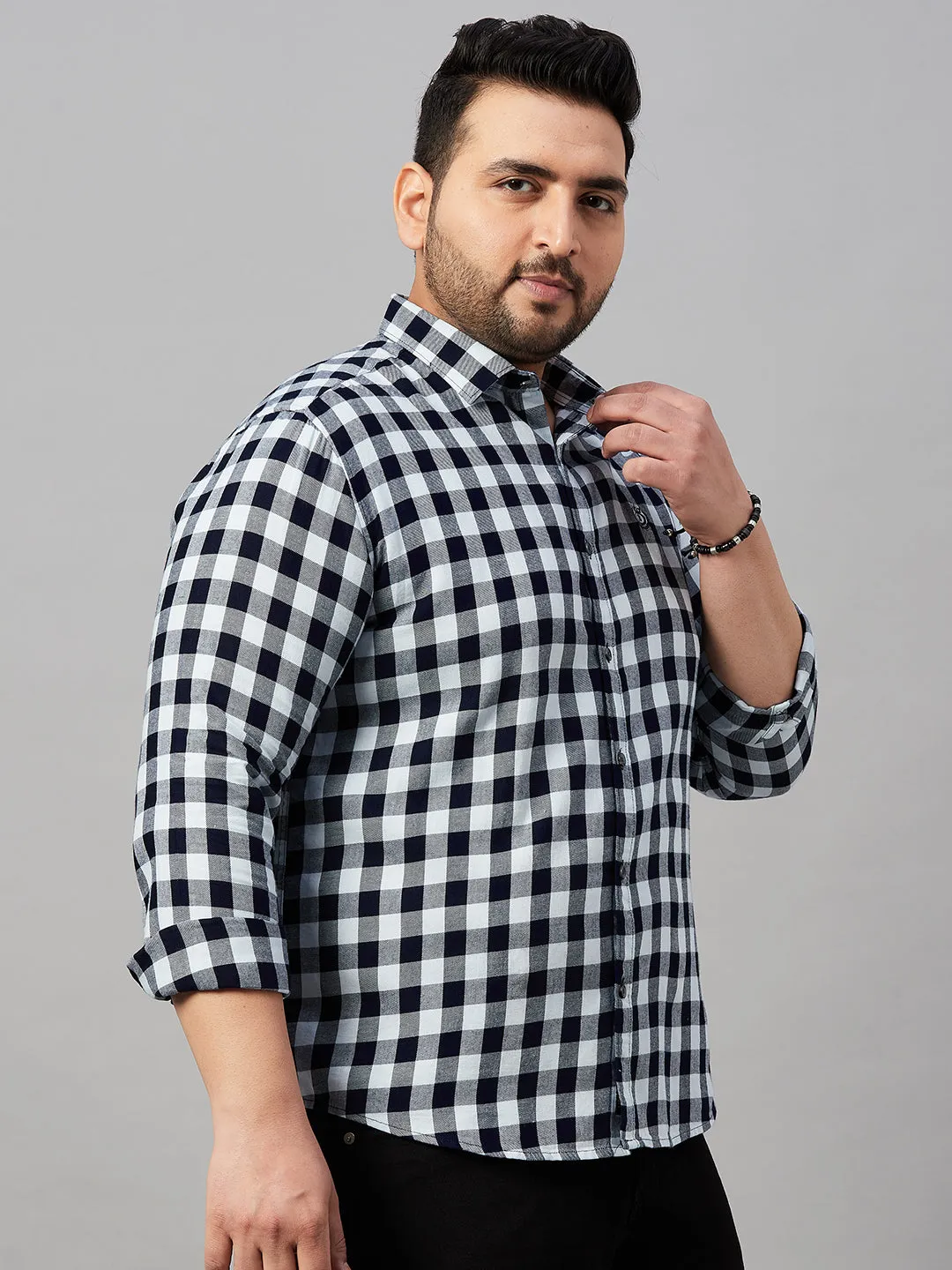 Men Tartan Checks Navy Blue Causal Shirt