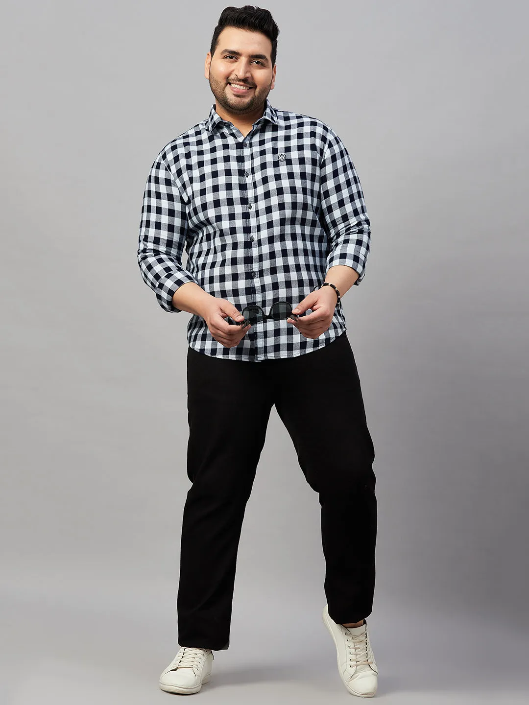 Men Tartan Checks Navy Blue Causal Shirt