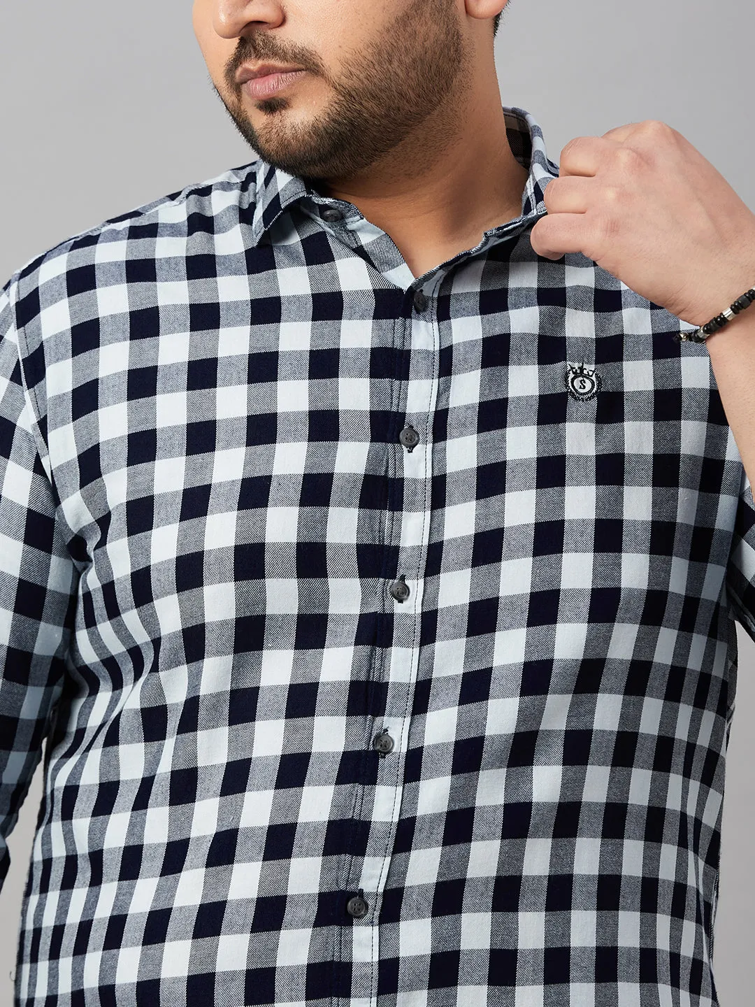 Men Tartan Checks Navy Blue Causal Shirt