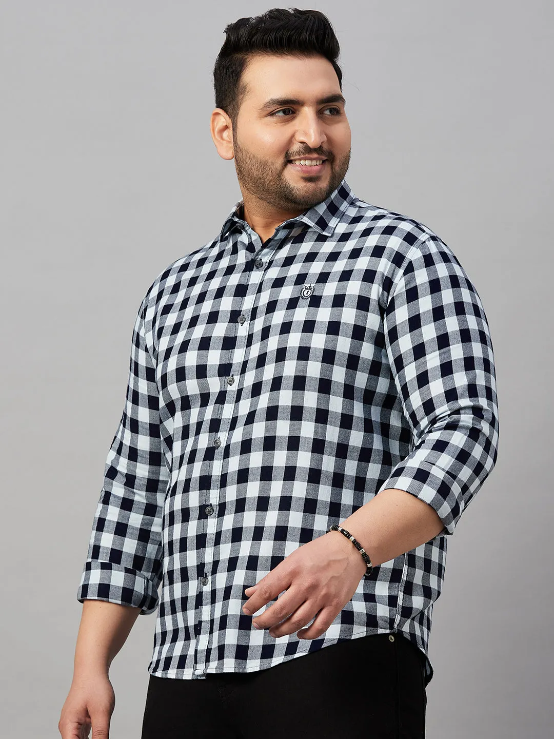 Men Tartan Checks Navy Blue Causal Shirt