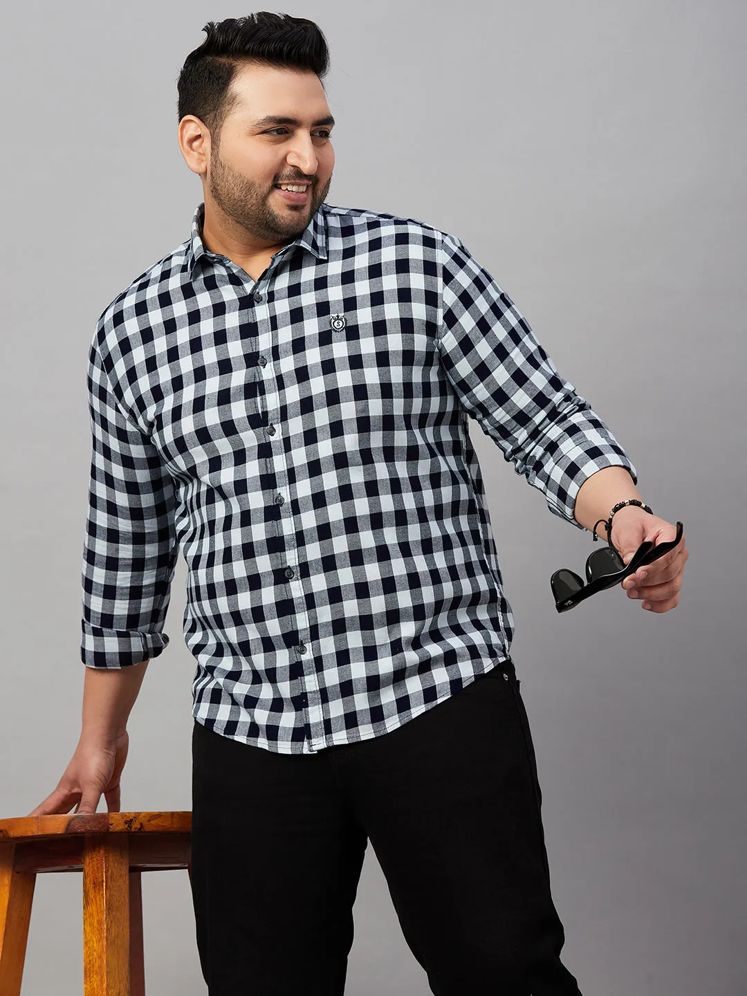Men Tartan Checks Navy Blue Causal Shirt