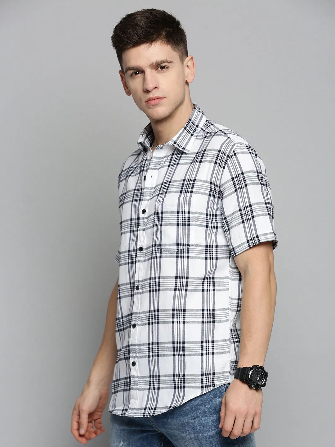 Men White Comfort Tartan Checked Casual Cotton Shirt