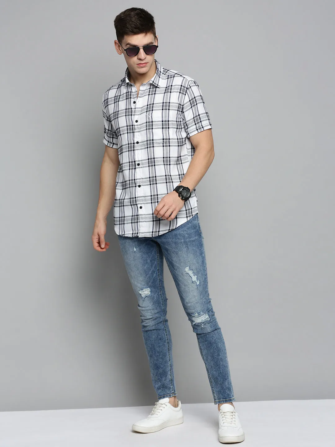 Men White Comfort Tartan Checked Casual Cotton Shirt