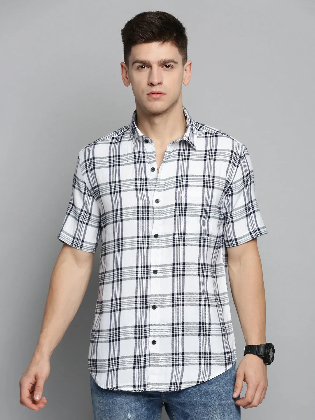 Men White Comfort Tartan Checked Casual Cotton Shirt