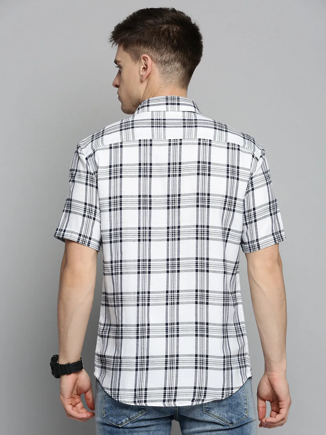 Men White Comfort Tartan Checked Casual Cotton Shirt
