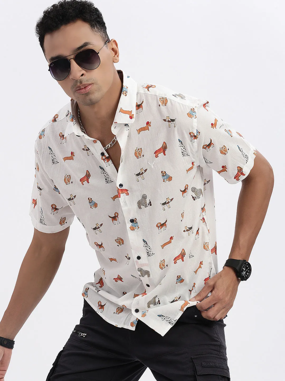 Men White Premium Spread Collar Graphic Printed Cotton Slim Fit Casual Shirt