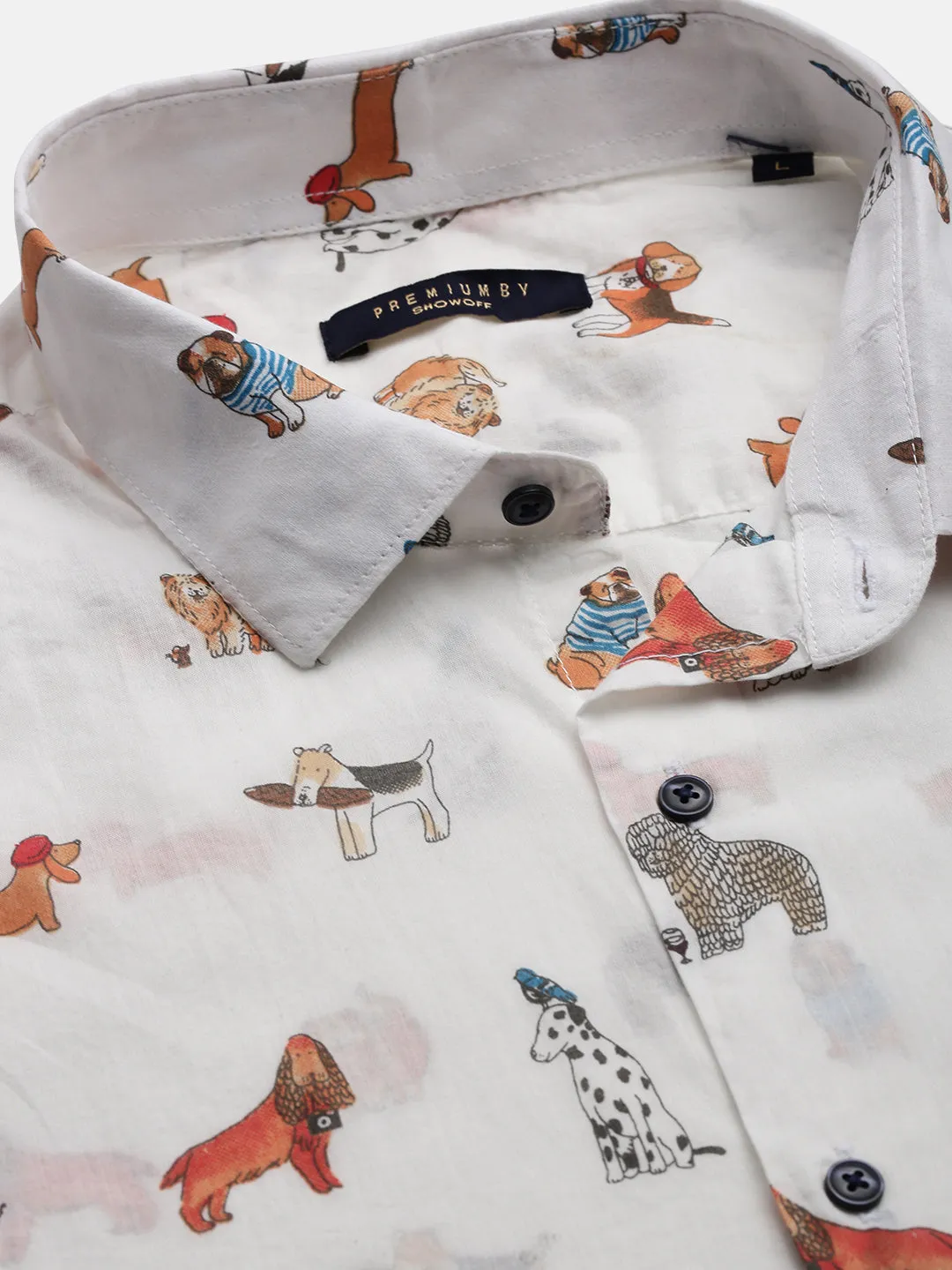 Men White Premium Spread Collar Graphic Printed Cotton Slim Fit Casual Shirt
