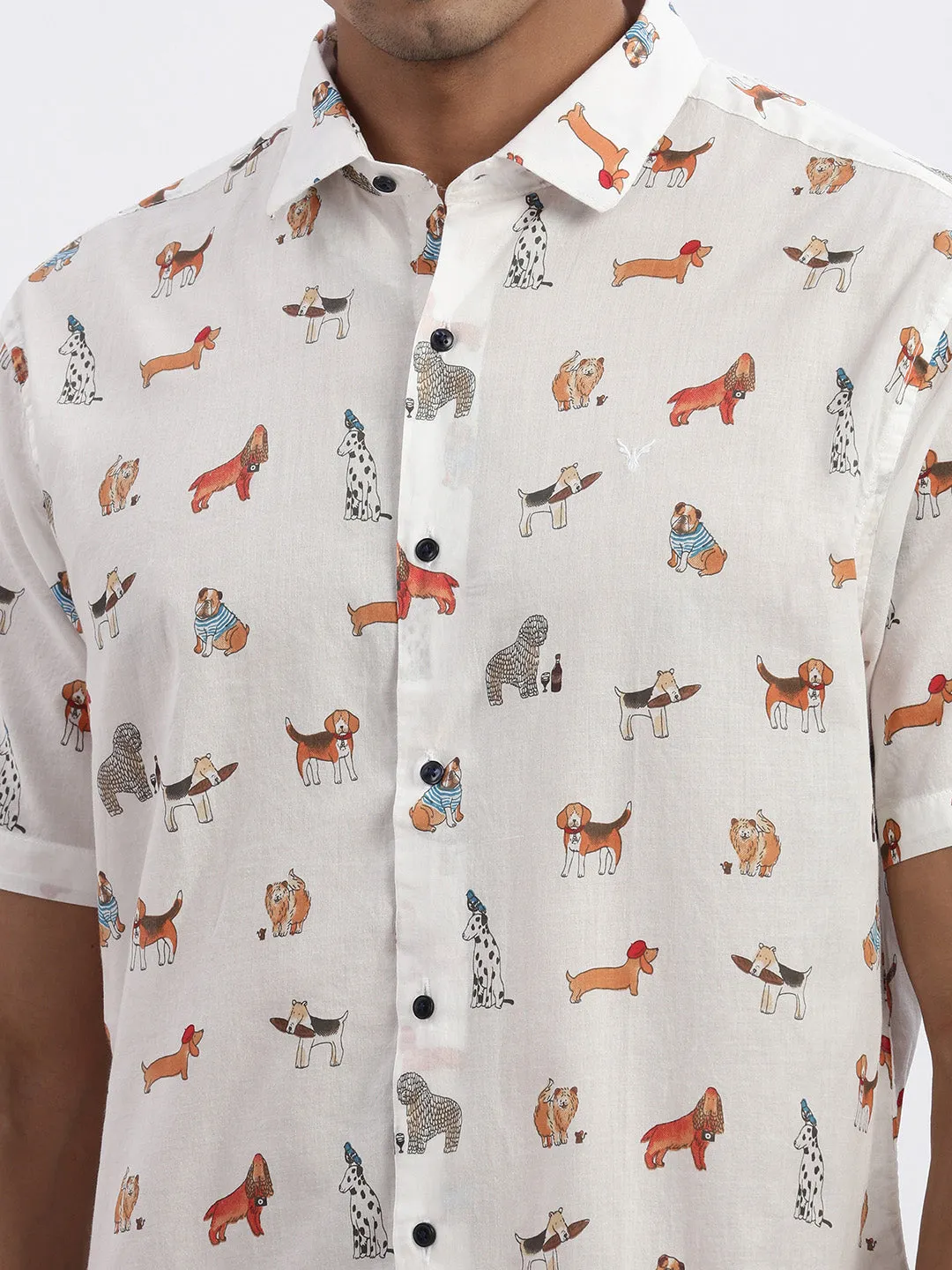 Men White Premium Spread Collar Graphic Printed Cotton Slim Fit Casual Shirt