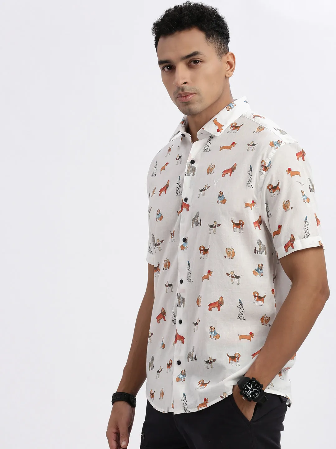 Men White Premium Spread Collar Graphic Printed Cotton Slim Fit Casual Shirt