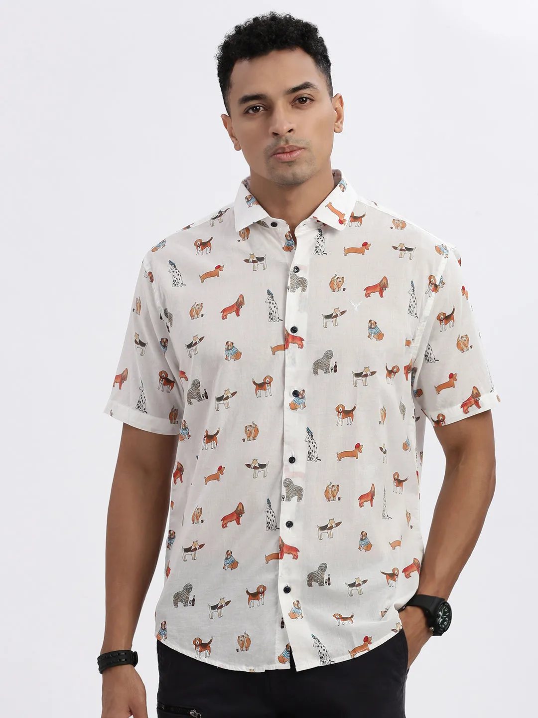 Men White Premium Spread Collar Graphic Printed Cotton Slim Fit Casual Shirt