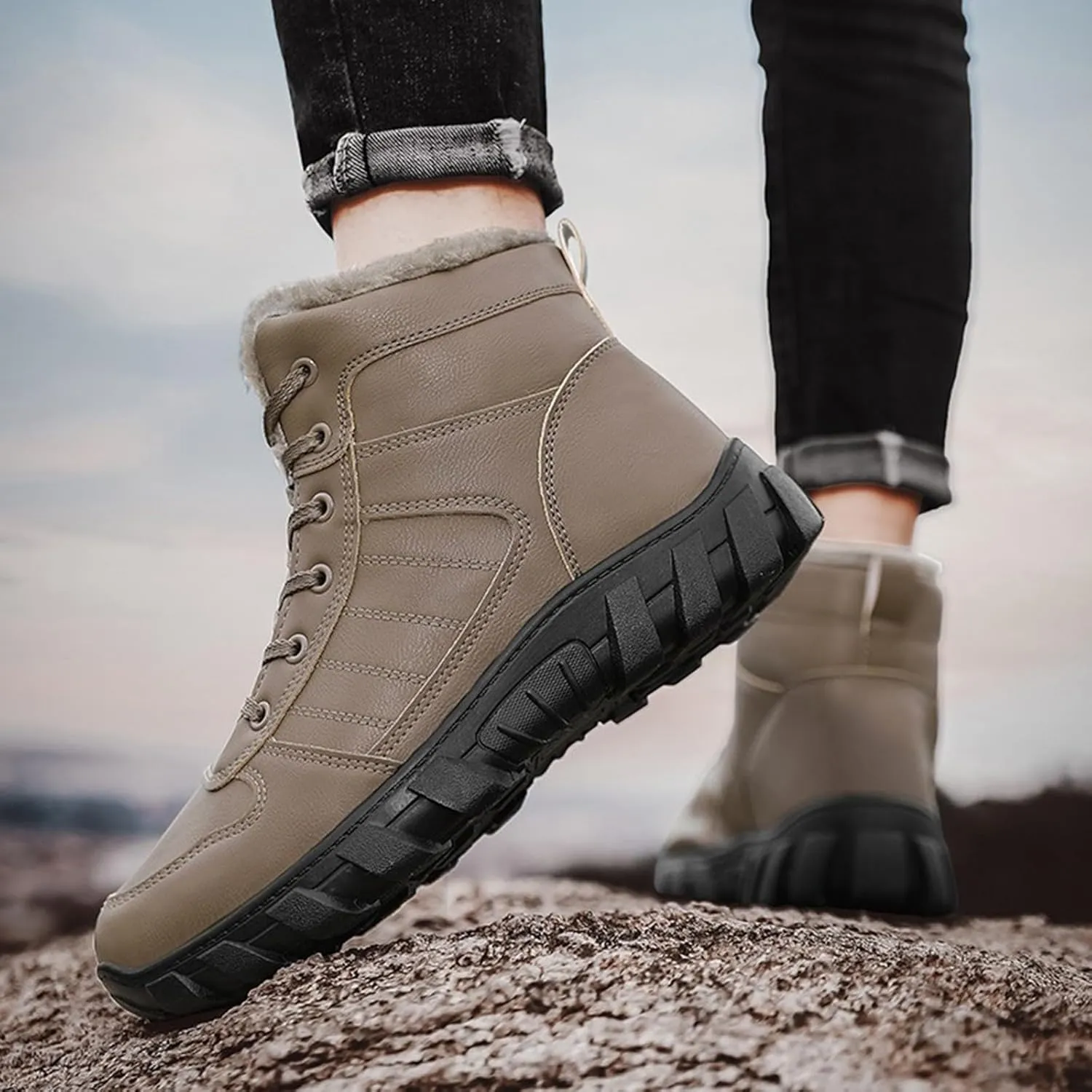 Men Work Boots Soft Toe Hiking Sneakers with Warm Fur Lining Women's Workout Shoes Non-Slip Winter Outdoor Botas Waterproof Non Slip Hike Grounded Footwear