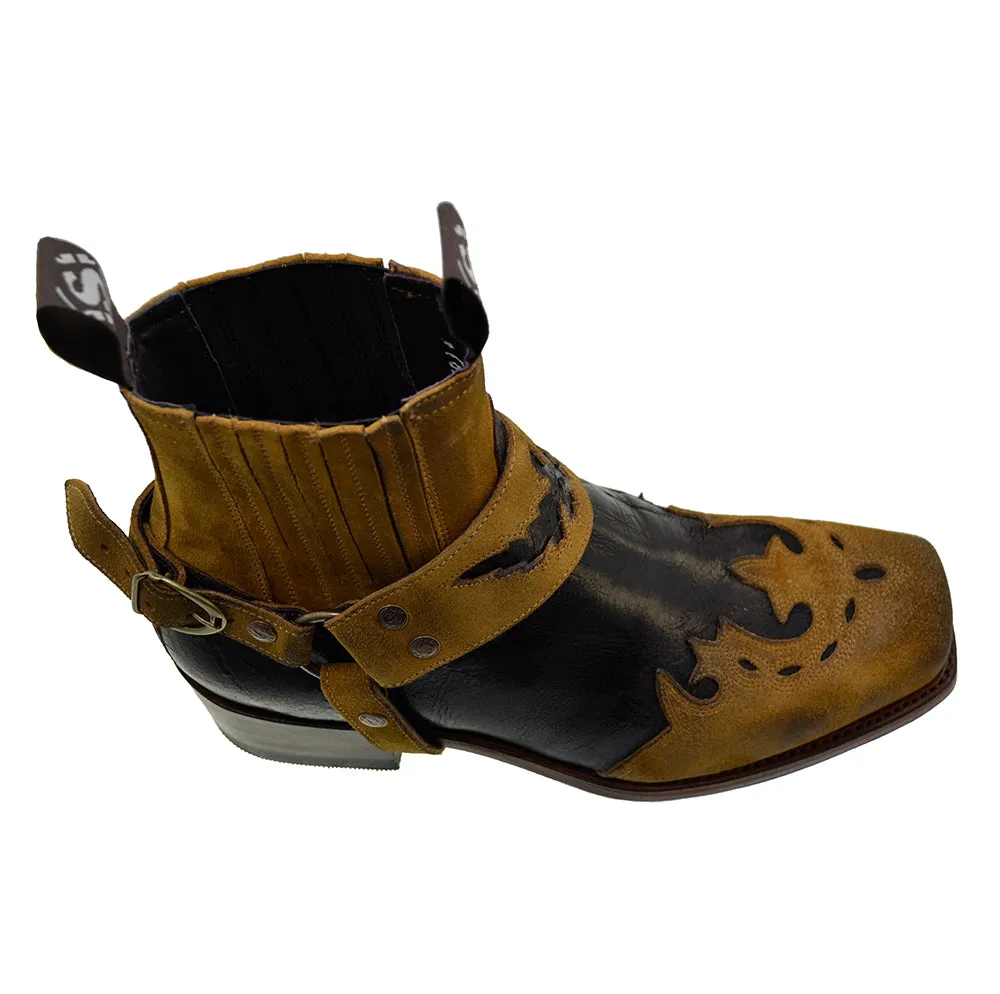 Men's Biker Boots Sendra Spain 7811 Harness Brown Leather Cuban Heel