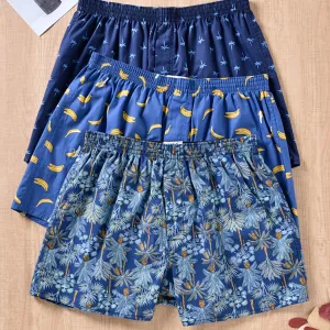 Men's Cotton Boxers with Plant Print - Set of 3
