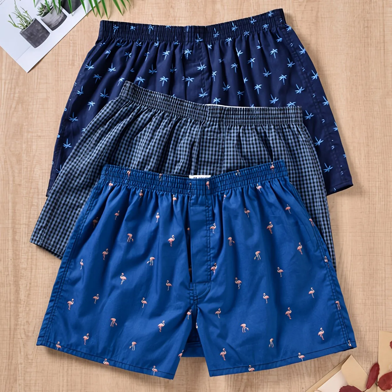 Men's Cotton Boxers with Plant Print - Set of 3
