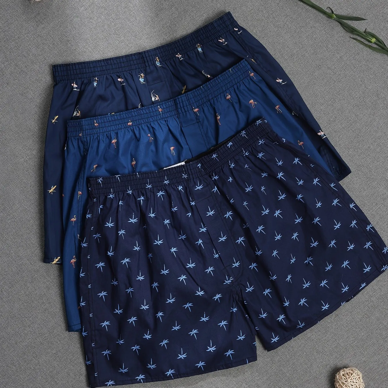 Men's Cotton Boxers with Plant Print - Set of 3