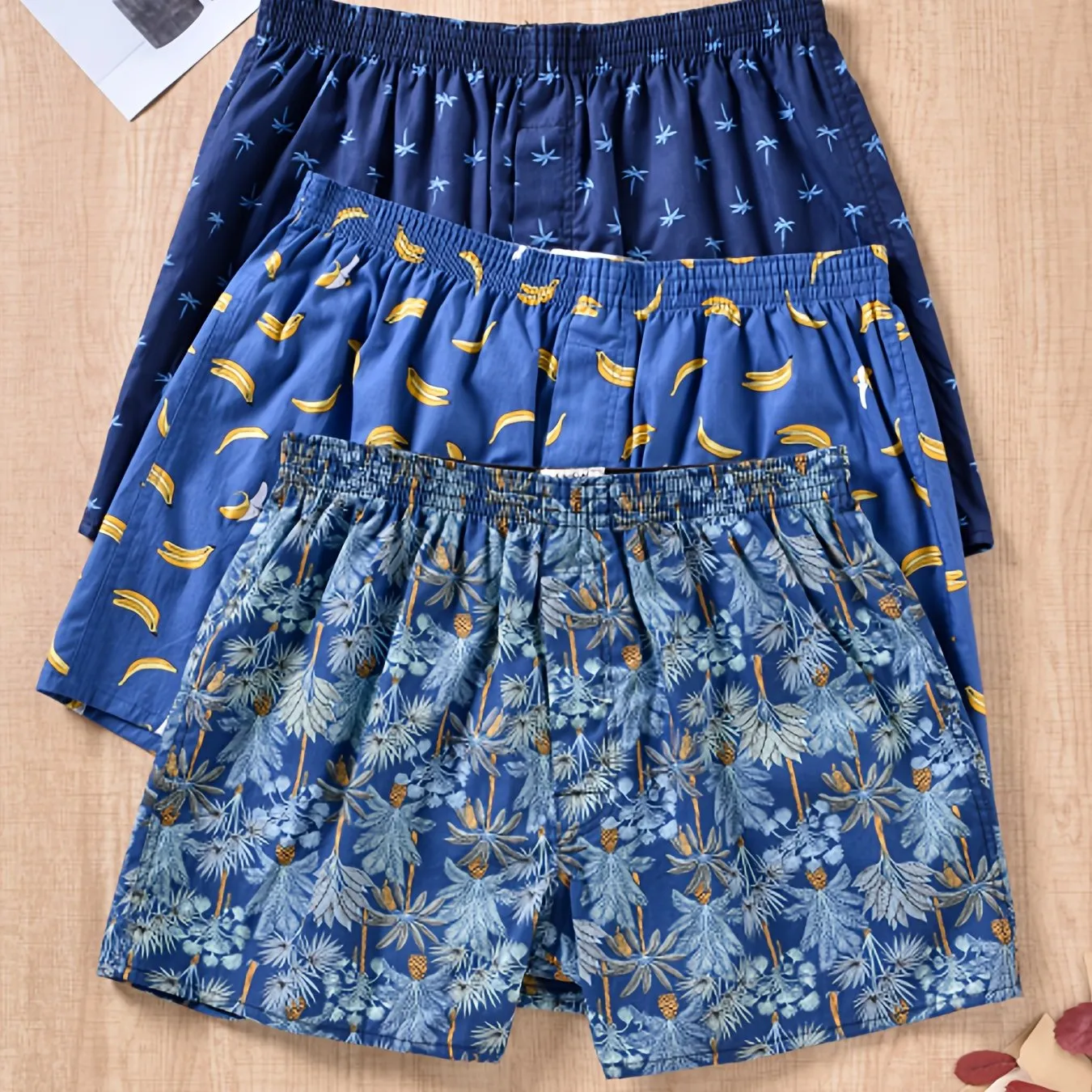 Men's Cotton Boxers with Plant Print - Set of 3