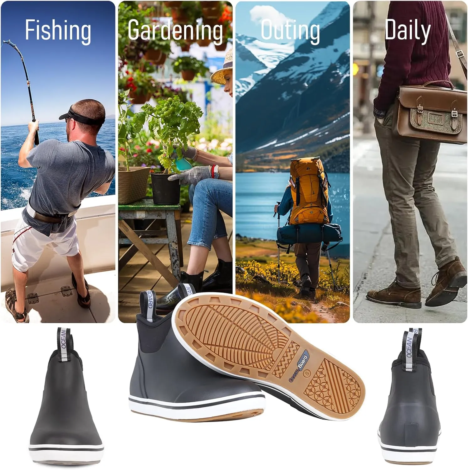 Men's Deck Boots Waterproof Anti-Slip Rubber Ankle Rain Shoes for Fishing Gardening Outing