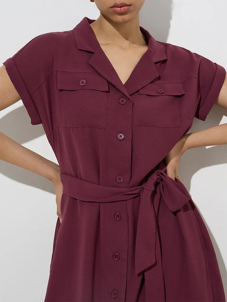 Wardrobe Maroon Solid Shirt Dress with Belt
