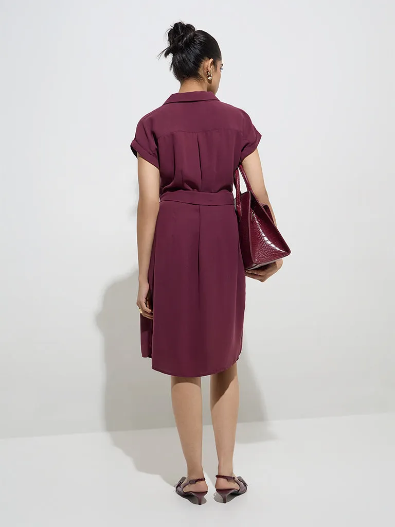 Wardrobe Maroon Solid Shirt Dress with Belt