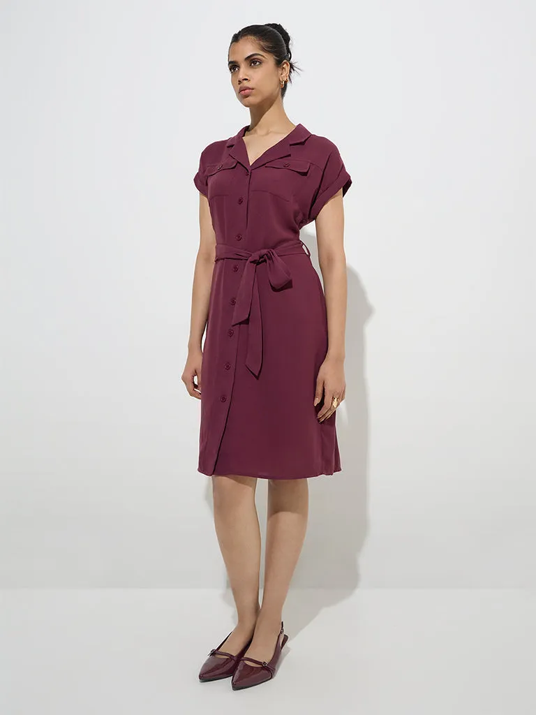 Wardrobe Maroon Solid Shirt Dress with Belt