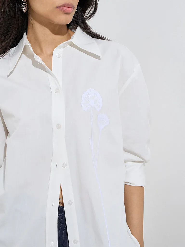 Wardrobe White Floral Embroidered Cotton Shirt
