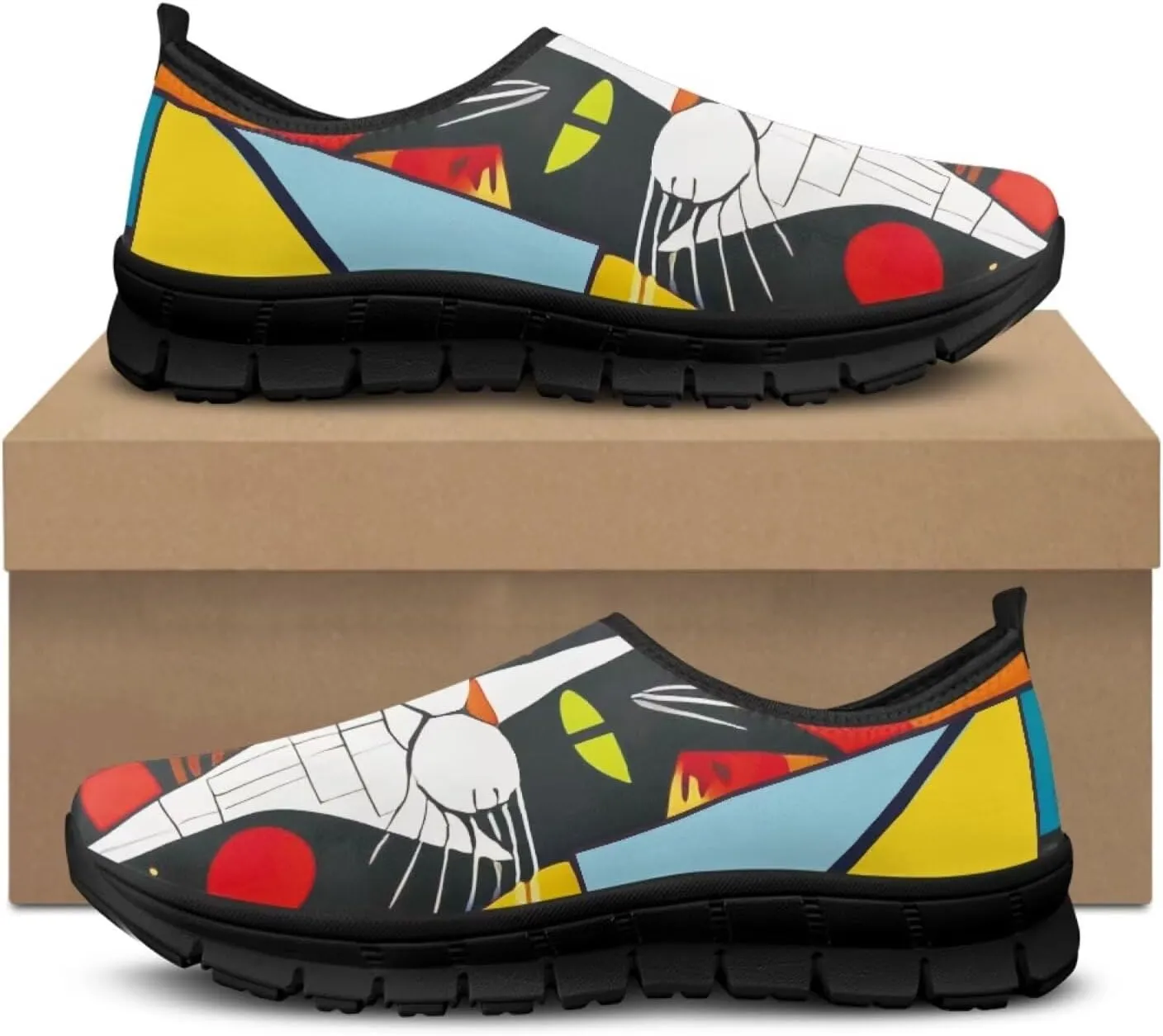 Women's Mesh Shoes Cat Print Non-Slip Athletic Sport Sneakers Soft Running Sneakers Cozy Breathable Walking Loafers for Outdoor