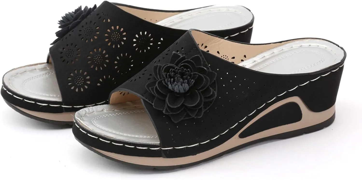Women's Platform Open Toe Hollow Out Wedge Sandals 3D Floral Leather Soft Insole Orthopedic Arch Support Sandals