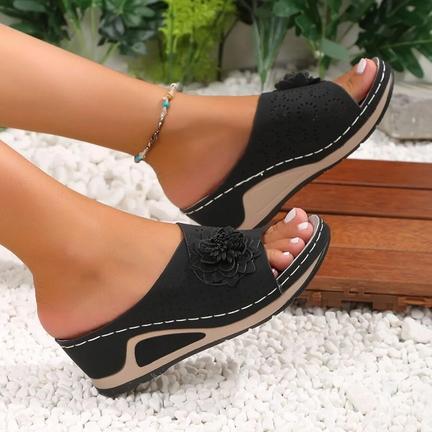 Women's Platform Open Toe Hollow Out Wedge Sandals 3D Floral Leather Soft Insole Orthopedic Arch Support Sandals